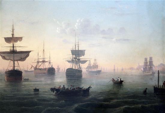 Frederick Calvert (fl.1815-1844) Warships at anchor on a calm sea and Shipping off the coast in a choppy sea 11.5 x 15.5in.